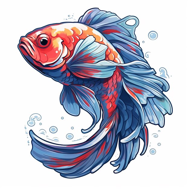 a fish with red and blue coloring and the blue tail is holding a blue ribbon.