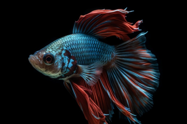 A fish with red and blue tail and blue tail