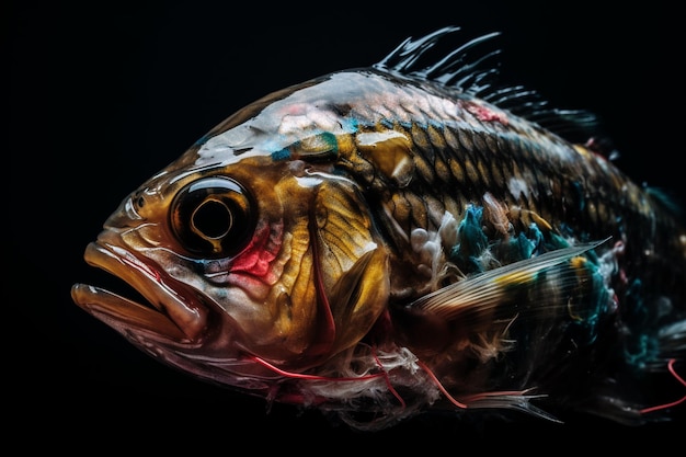 A fish with a red eye and a black background