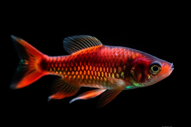 A fish with a red and orange body and a green eye.
