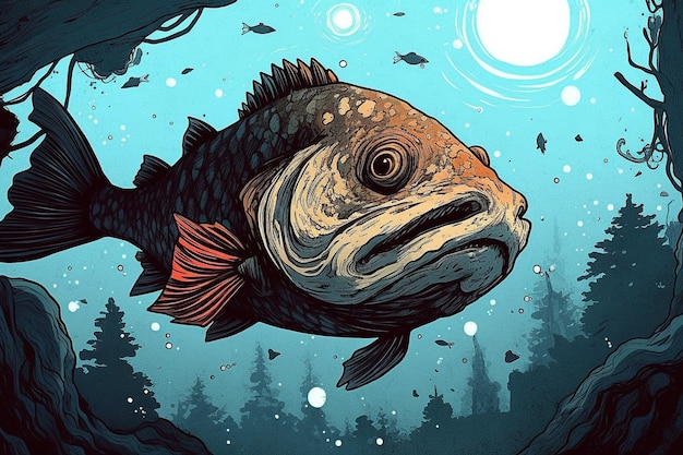 Рыба с красным хвостом и синим фоном