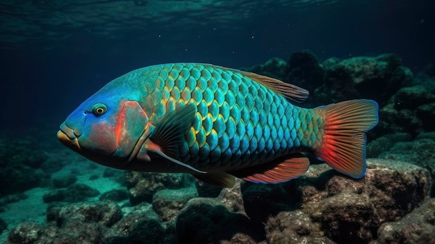 A fish with a red tail and blue tail is swimming in the ocean.