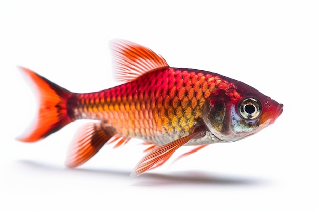 A fish with a red and yellow body and a red stripe.