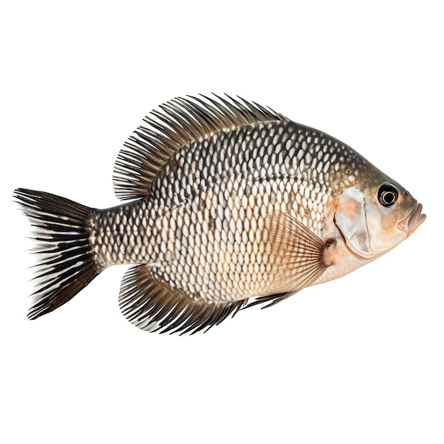 A fish with a white background and a black tail.