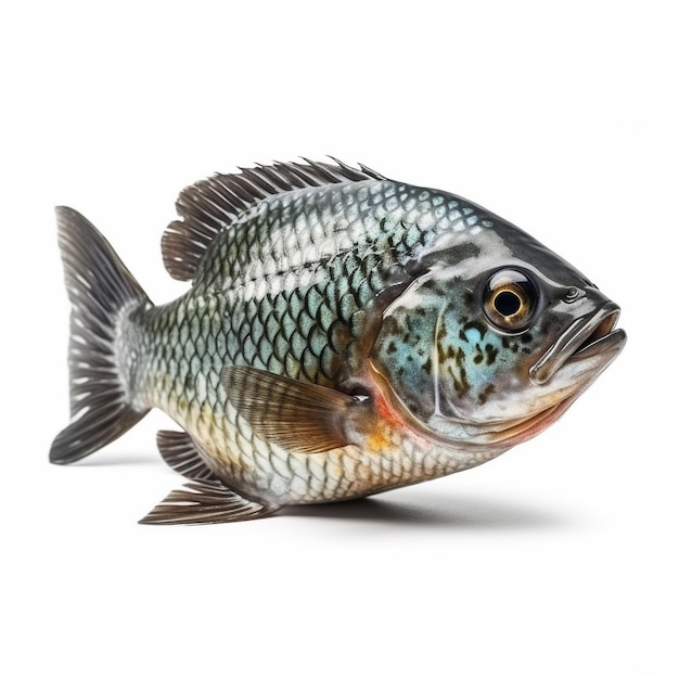 A fish with a white background and a black and white spot on the bottom.