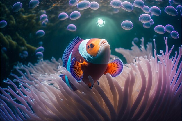 A fish with a white and blue body and a purple anemone in the background
