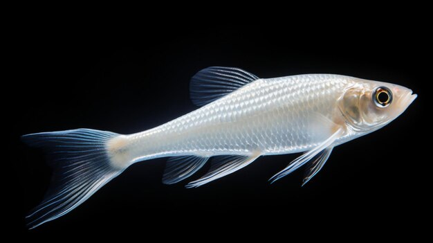 a fish with a white body and black tail