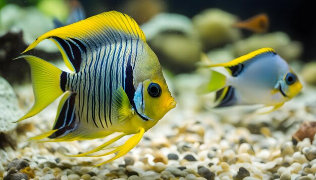 Photo a fish with a yellow and blue striped tail is in an aquarium