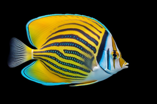 a fish with yellow and blue stripes and a blue and white striped tail