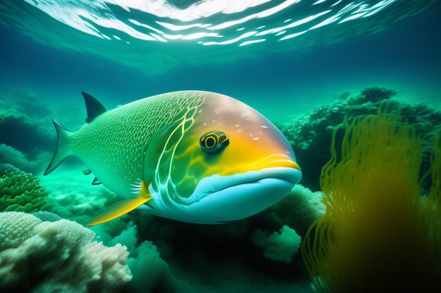 Рыба с желтым глазом плавает в океане.