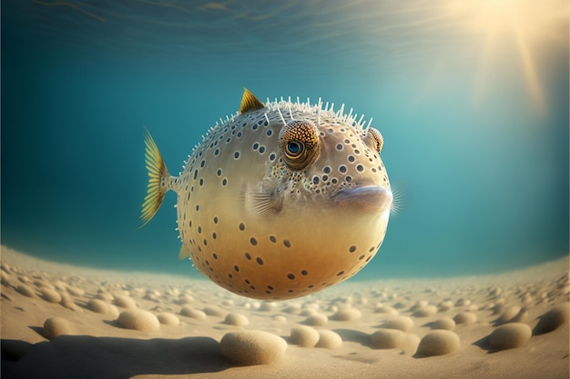 Photo a fish with a yellow nose and a blue nose is on a sandy beach.