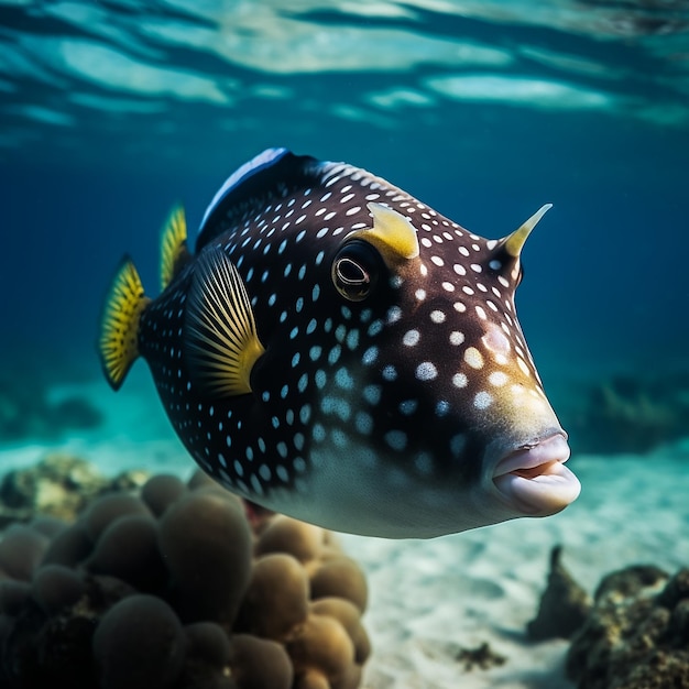 A fish with a yellow spot on its face is swimming in the ocean.