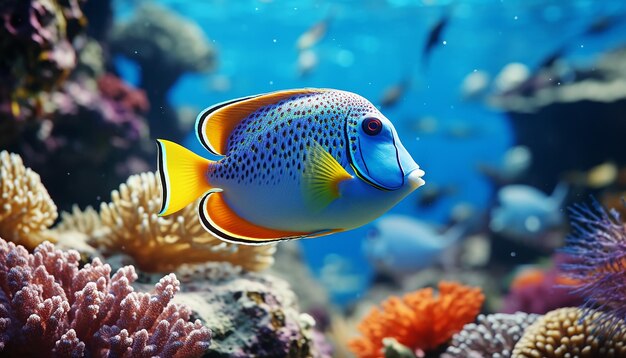 a fish with a yellow stripe is swimming in a coral reef