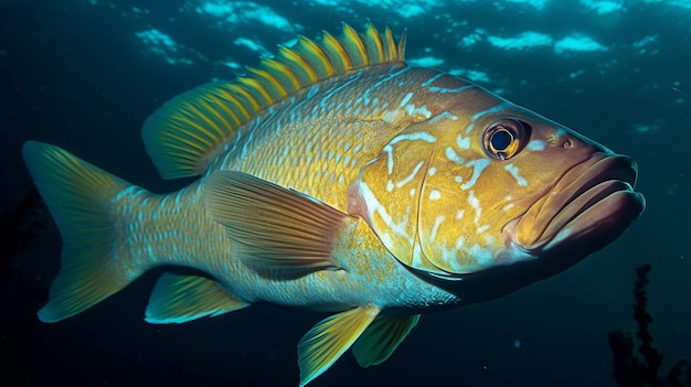 a fish with yellow stripes is swimming in the water.