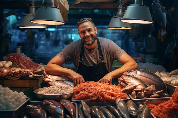 fisher with his fishes on display