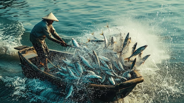 Photo fisherman boat catching a lot of fish