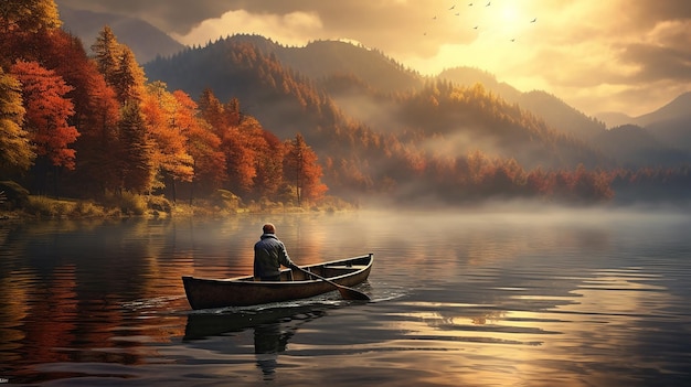 秋の湖のボートに乗る漁師
