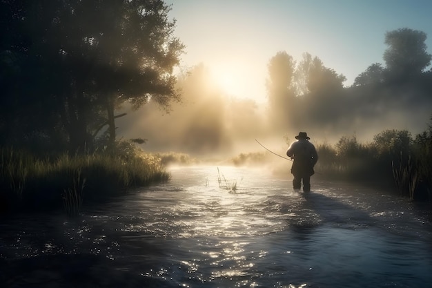 Fisherman by the lake at dawn neural network ai generated