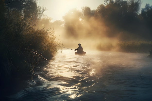 Fisherman by the lake at dawn Neural network AI generated