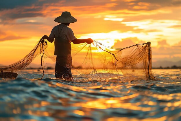 Fisherman casting his net at the sunrise or sunset