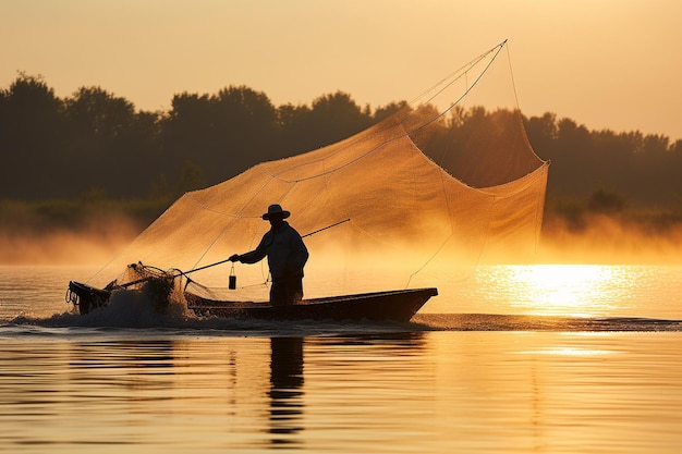 Fisherman casting a net from a traditional boat