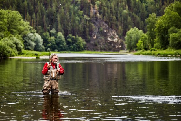 Fisherman catches fish by fly fishing or casting.