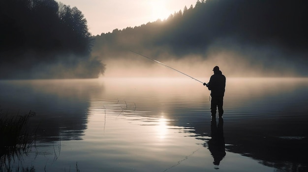 Fisherman catches on the lake Generative AI