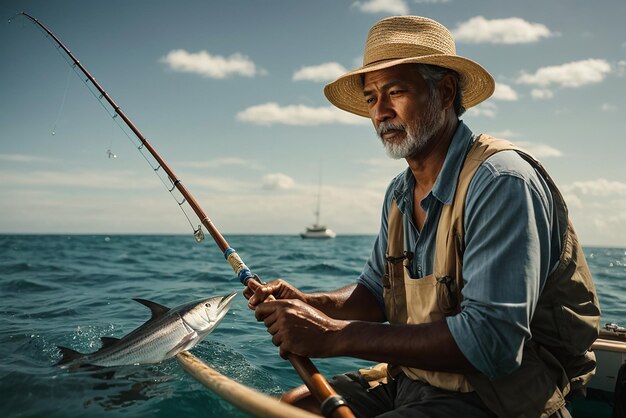 A fisherman catching fish fishing with a view of the morning sun