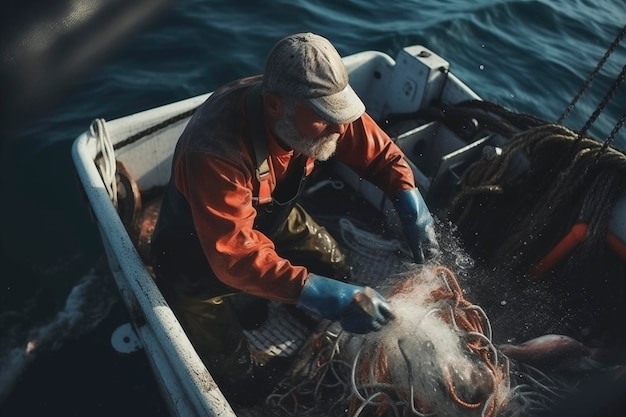 Fisherman checking his catch on his boat on the high seas