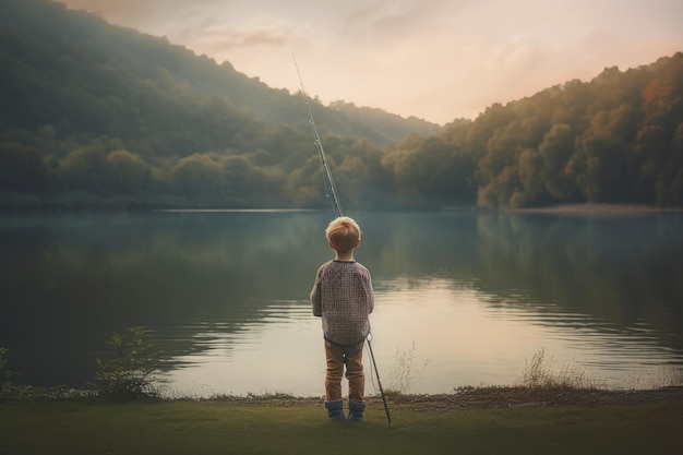 Fisherman child boy fishing rod Generate Ai