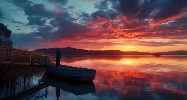 Foto a fisherman docks his boat in a waterway at sunset