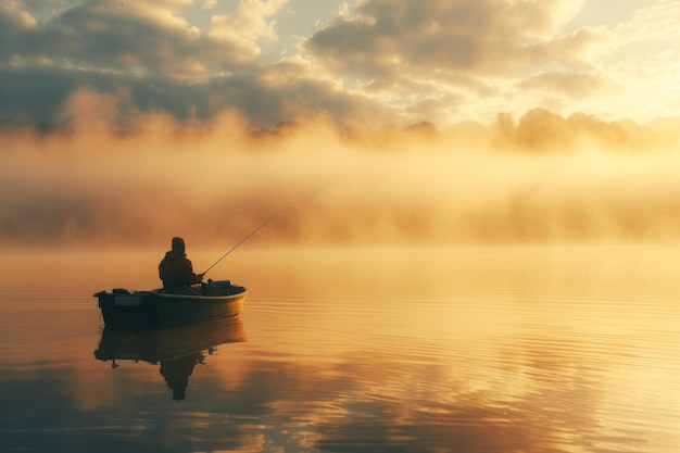 Фото Рыбак ловит рыбу на живописном озере на рассвете с утренним туманом