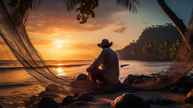 Fisherman fixing his net sitting on a beautiful tropical beach