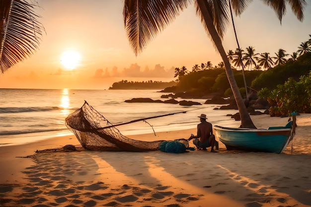 A fisherman fixing his net sitting on a beautiful tropical beach