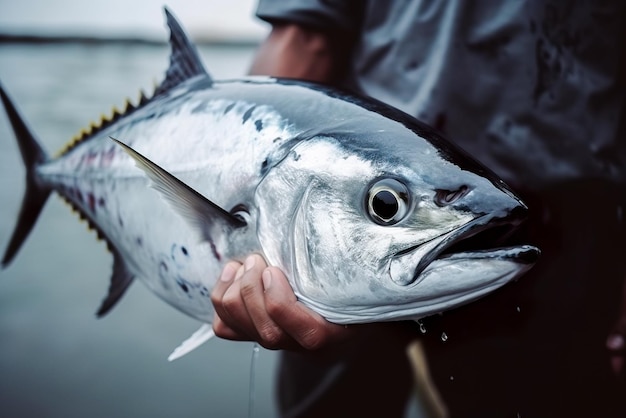 Fisherman holding a big yellowfin tuna in his hand Generative AI