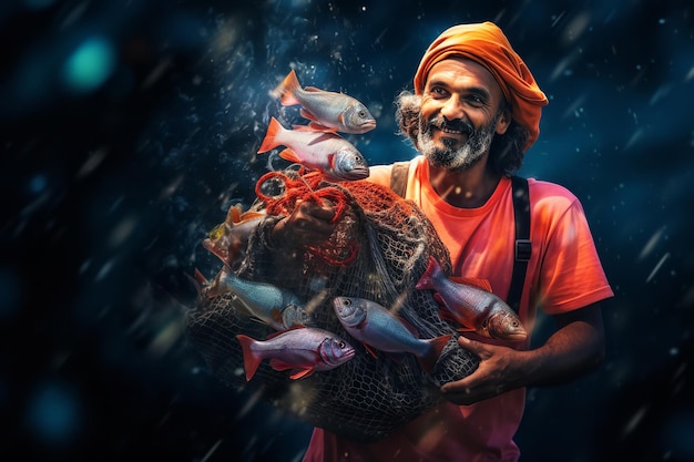 A Fisherman Holding a Net Full of Fresh Catch