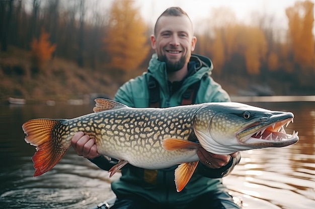 Fisherman holding trophy Pike standing in the water