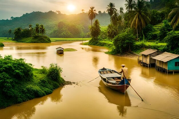 a fisherman is rowing his boat on the river in the jungle.