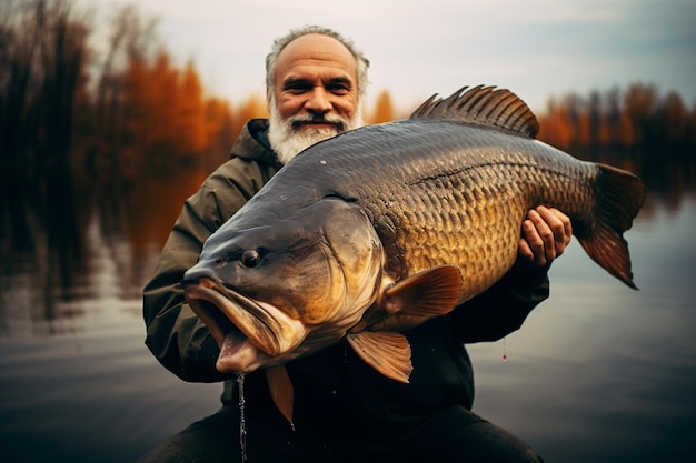 Fisherman joyfully holding a large fish he caught from a large lake