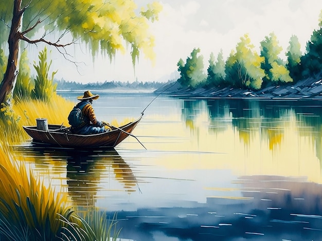 Premium Photo  Fisherman in the lake hunting fish digital watercolor  painting