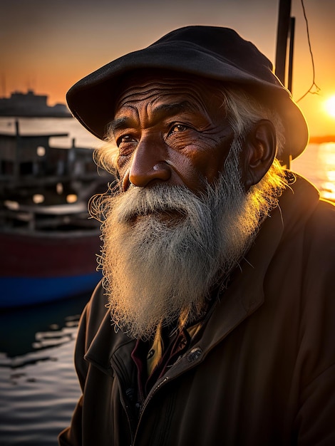 Fisherman old man's face contemplating his old age