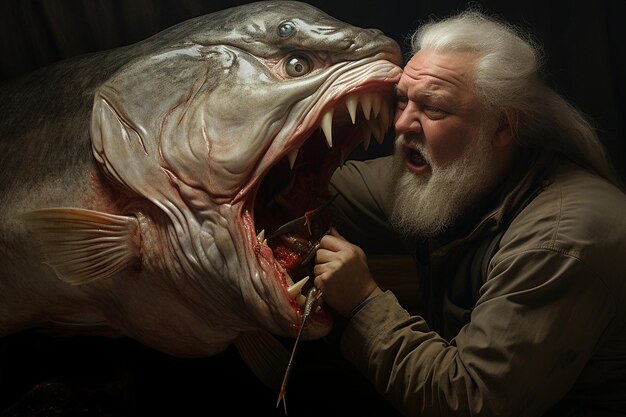 Photo fisherman removing hook from the fish mouth