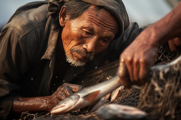 Photo fisherman removing hook from the fish mouth