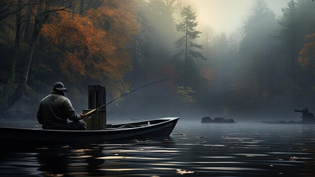 Foto un pescatore sul fiume in una frostosa mattina d'inverno