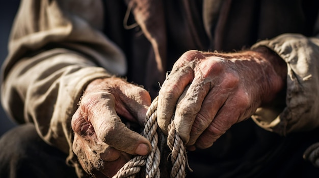 Foto le mani di un pescatore legano abilmente un nodo di pescatore enfatizzando l'abilità