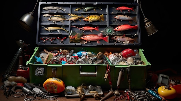 Premium Photo  The Ultimate Fishing Arsenal Fully Stocked Tackle Box with  Lures and Gear for Every Angler's Dream