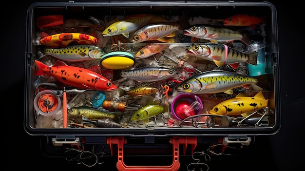 Premium Photo  Fisherman's tackle box is a haven of possibilities housing  a wide variety of fishing hooks fishing rod fishing line water net river  fish catch boat hook lake Generated by