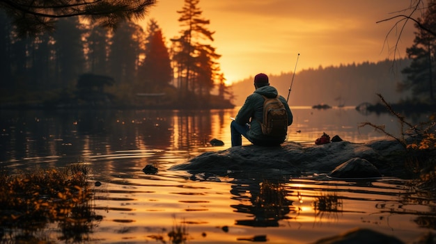 夕暮れの湖で岩の上に座って釣りをしている漁師