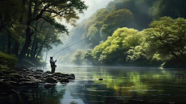 Photo fisherman takes care to free his catch from the hook ensuring its safe return to the water the angler's reverence for the natural world generated by ai