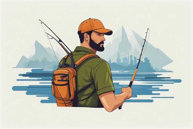 Fisherman with a fishing rod on the background of the mountains